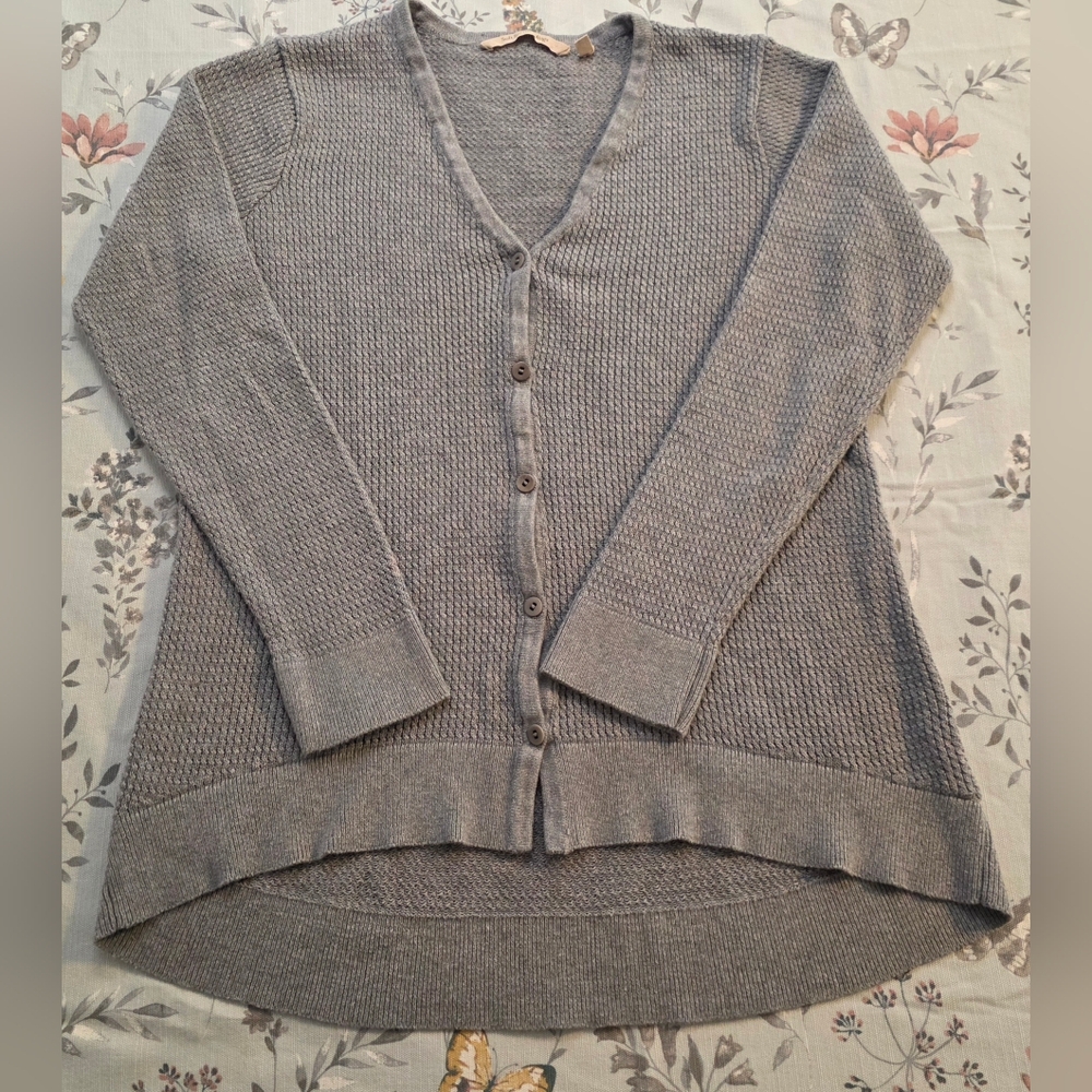 Soft Surroundings Small Gray Waffle Knit Cardigan Button Front Hi Low Hem